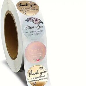 Roll of 500 Pink, gold and white thank you stickers